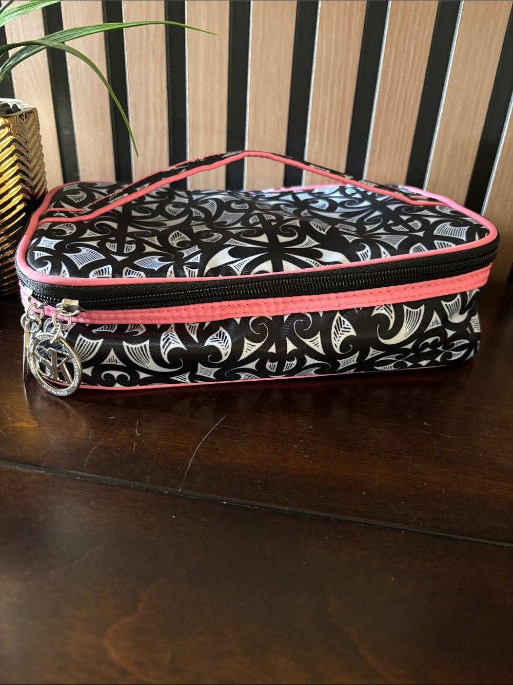 Sonia Kashuk Black & Pink Patterned Cosmetic Case with Handle